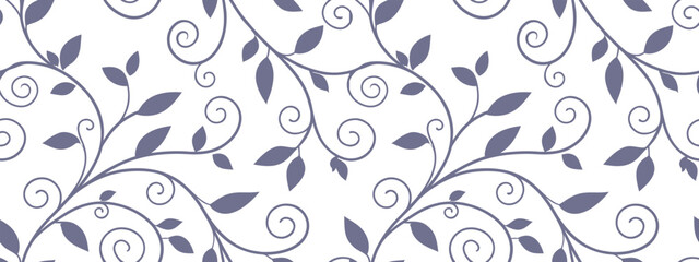 Seamless decorative pattern with swirling vines and dark purple leaves on a white background. Perfect for elegant wallpapers, wedding designs, textiles, invitations, and botanical projects.