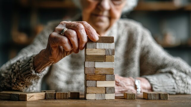 Senior woman carefully stacks wooden blocks on a table indoors. It shows cognitive activity, focus, memory, and aging well.