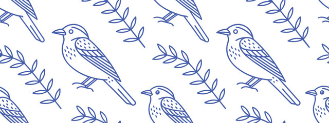 Seamless blue songbird and branch pattern perfect for wallpapers, fabrics, and stationery with a charming, minimal, and elegant natural theme ideal for decorative designs.