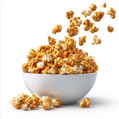 Caramel popcorn falling into a white bowl