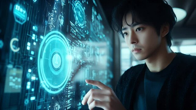 Person interacts with a futuristic holographic display