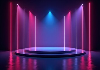 Empty round stage illuminated by blue and pink neon lights