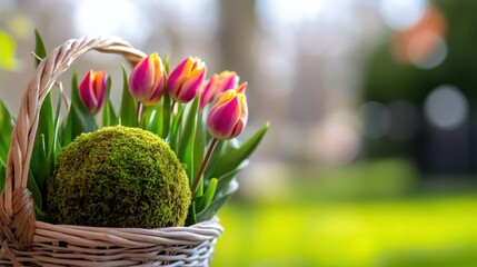 Close-up of a decorative basket filled with blooming tulips and a moss-covered globe, set against a blurred garden