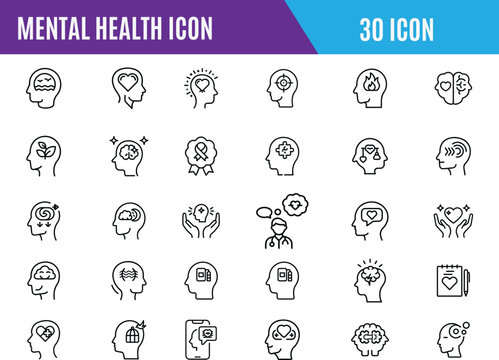 Mental health icons set. Mental health line icons set collection, Psychology, Containing depression, panic, and mind disorder icons.