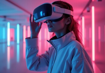 Woman wearing virtual reality headset exploring metaverse in neon lights