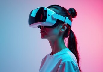 Young woman wearing virtual reality headset exploring metaverse in colorful neon light