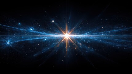 A bright star shines in the center of the image with blue light streaks. Use this for science, astronomy or technology themes like data streams.