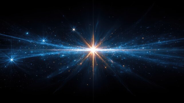 A bright star shines in the center of the image with blue light streaks. Use this for science, astronomy or technology themes like data streams.