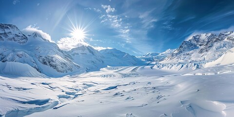 An aerial view of a mountain peak and a snow-covered glacier valley under a sunny sky, Generative AI.