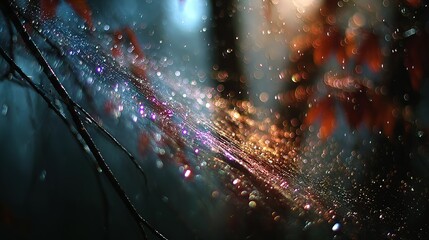 Sparkling water droplets on a spiderweb in a dark forest.