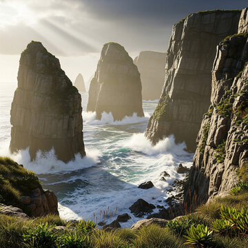 Majestic sea pillars and crashing waves. A stunning rock coastal view with towering sea pillars, powerful waves and sunlight filtering through the clouds