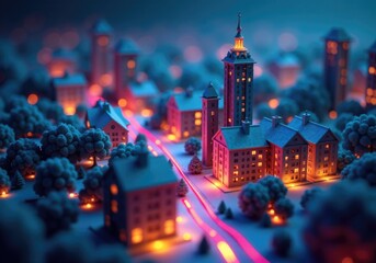 Miniature snow-covered city with glowing buildings and pink roads at night