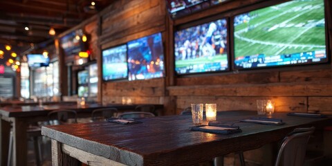 Rustic sports bar interior with multiple TVs and tables