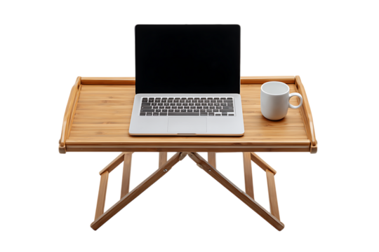 Portable bamboo laptop tray with cup holder.  Perfect for working from home or bed.