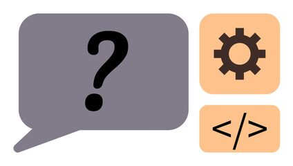 Speech bubble with question mark symbolizes inquiry while gear and coding brackets represent technical problem-solving. Ideal for tech support, development, coding, innovation, troubleshooting