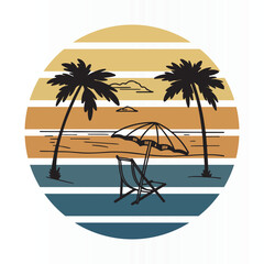 summer vector illustration sea beach palm trees, chair and beach umbrella  summer vintage t shirt design ,mug  design, poster design .