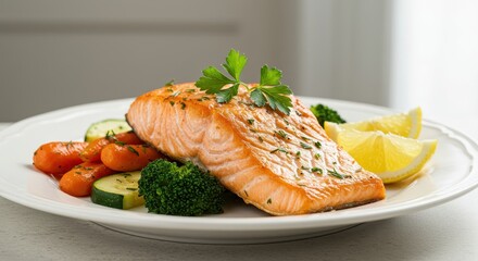 Fresh Grilled Salmon Fillet Garnished with Herbs and Surrounded by Colorful Vegetables and Lemon Slices