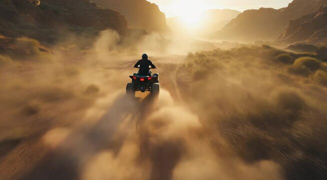 Atv rider exploring the arid desert landscape at golden hour dust trail