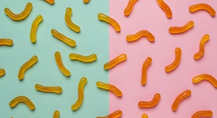 A vibrant arrangement of gummy worms scattered across a two-toned background, creating a playful composition.