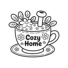 Miniature Fairy Cottage in a Teacup Planter – Bold Line Garden Coloring Page, Black & White Designs, Victor Illustration, Line Art, Miniature Garden Bold & Easy Coloring Book.