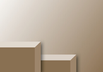 Empty light beige podium stage background. Brown wall background and shelf product. Pastel brown backdrop with light. Template for business brand product showcase, copy space. paper cut design style.