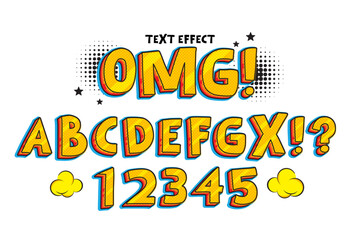 Comic book themed alphabet and numbers with fun fonts. Editable vector illustration