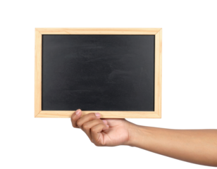 A hand holding a small framed blackboard with a light wooden border, positioned horizontally.