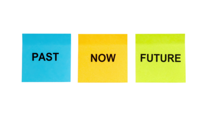 Three colorful sticky notes labeled "PAST," "NOW," and "FUTURE" arranged horizontally in blue, yellow, and green colors.