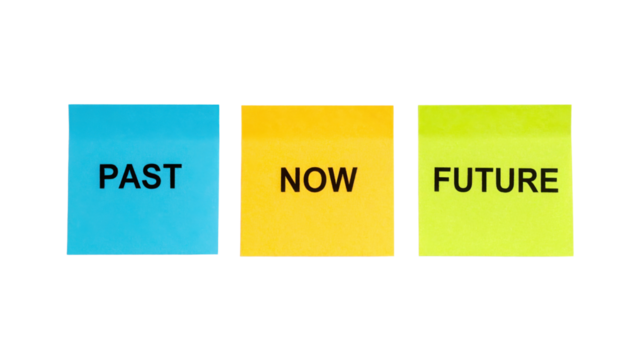 Three colorful sticky notes labeled "PAST," "NOW," and "FUTURE" arranged horizontally in blue, yellow, and green colors.
