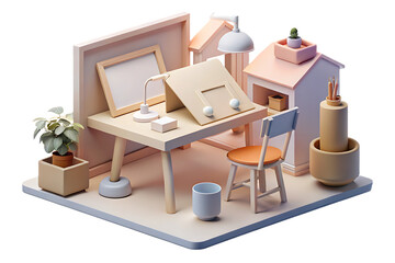 Isometric creative workspace with a desk, chair, and art supplies isolated on transparent background