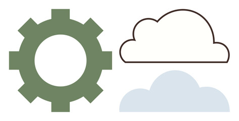 Gear alongside outlined and filled clouds symbolizing technology, cloud computing, and workflow efficiency. Ideal for innovation, teamwork, automation, integration, digital transformation, industry