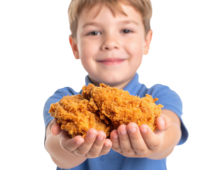 A young boy in a blue shirt is holding out two pieces of crispy fried chicken, smiling gently.