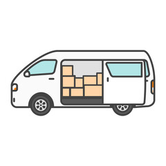 イラスト素材：宅配便の荷物を積んだバン・物流業界の商用車・白のワゴン車（ワンボックスカー）