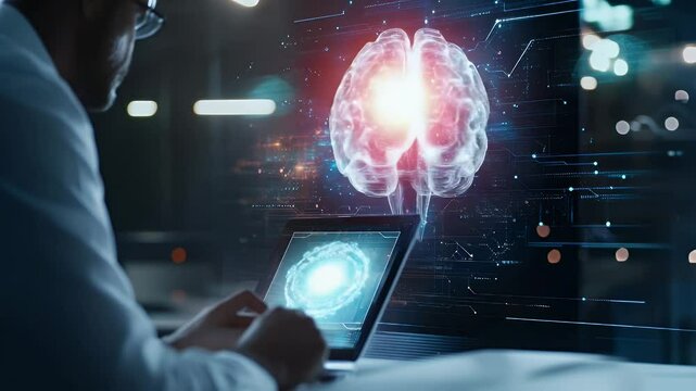 Person working on a futuristic computer with a holographic brain overlay