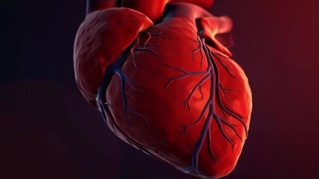 Closeup view of heart with coronary artery are beating on red background. Generated AI.