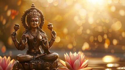 Bronze statue of a serene goddess surrounded by pink lotus flowers, illuminated by soft golden light, creating a tranquil and spiritual atmosphere in a peaceful setting