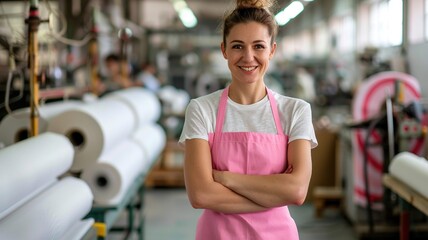 Smiling woman in pink apron stands confidently with arms crossed in a textile workshop, surrounded by rolls of fabric and machinery, showcasing a vibrant working environment