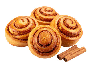 Fototapeta premium Four golden-brown cinnamon rolls with visible swirls of cinnamon sugar, accompanied by two cinnamon sticks.