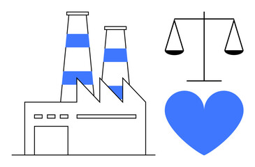 Factory chimneys, scales representing justice, and a heart convey sustainability, ethical production, and balance. Ideal for business, law, environment, health equity corporate responsibility