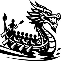 Dragon Boat Race Illustration: A dynamic monochrome illustration of a dragon boat slicing through the water, crew members rowing in perfect harmony. This visual captures the essence of teamwork.