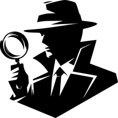 Silhouette Detective's Search: A striking silhouette of a detective with a magnifying glass, embodies mystery, investigation, and keen observation