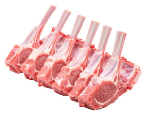 A raw rack of lamb chops with visible bones and marbled red meat arranged in a row.