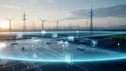 Futuristic energy grid and smart city technology with wind turbine, power line, digital interface overlay, renewable energy, and sustainable infrastructure innovation at sunrise - Powered by Adobe