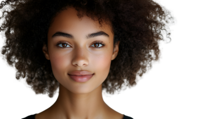 Portrait of beautiful young african american woman with curly hair and natural makeup close up view studio shot isolated on transparent background
