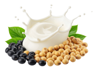 Creamy soy milk splash surrounded by black and yellow soybeans with green leaves.