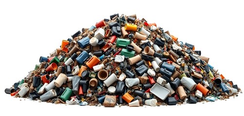 A colorful pile of mixed plastic cosmetic containers creates a textured, chaotic mountain of waste