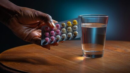 Contraceptive pill blister pack held by hand near glass of water wooden table medicine health treatment dose pharmaceutical