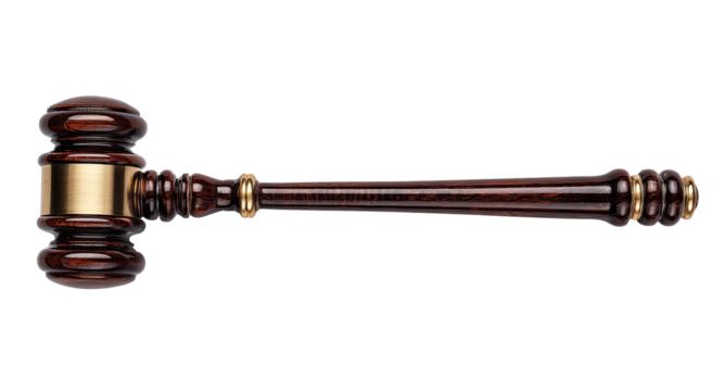 Detailed wooden gavel handle with gold accents on transparent background