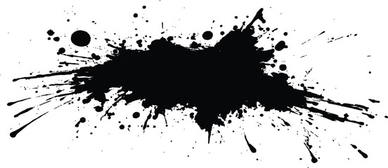 Black paint splash on a light background with droplets and textures Copy Space. Abstract black in splash, paint, brush strokes, stain grunge isolated on white and transparent background,