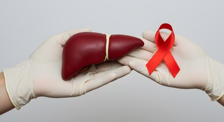 Gloved hands carefully hold a model human liver and a red awareness ribbon.